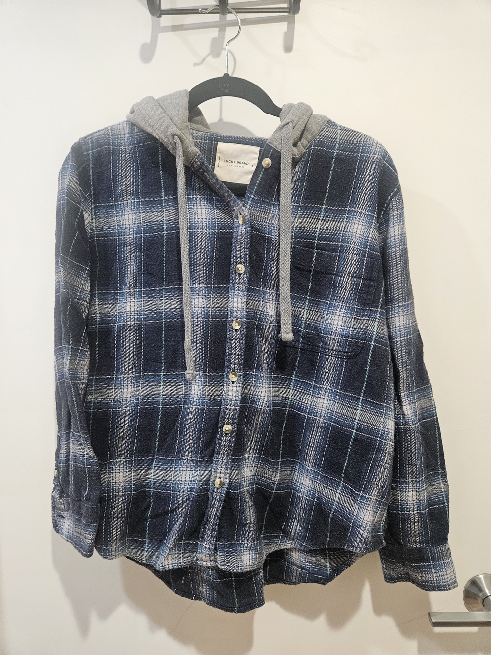 Lucky Brand Women's Navy Plaid Hooded Flannel Shirt